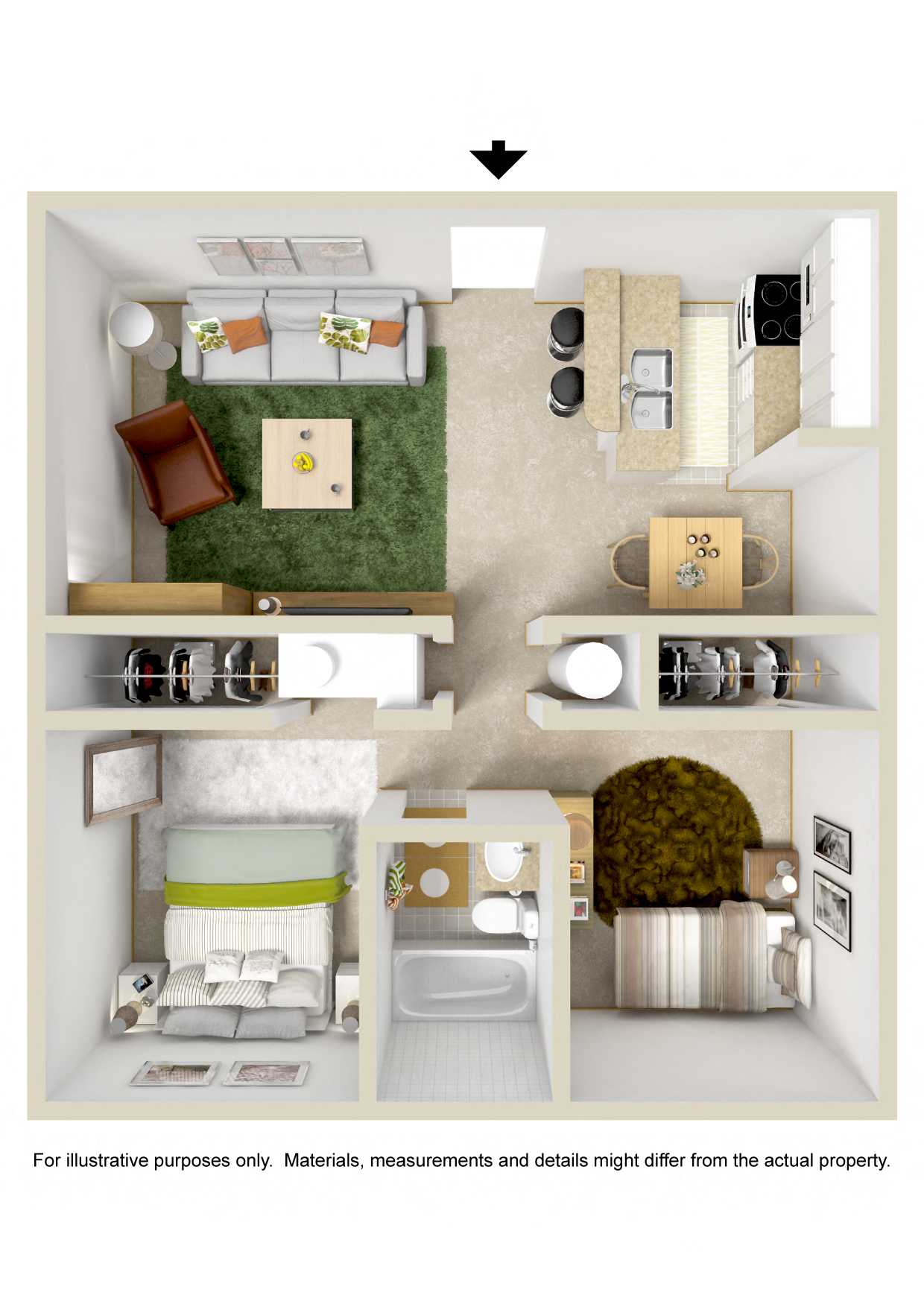 Floor plan for 2 beds, 1 bath, 850 sqft